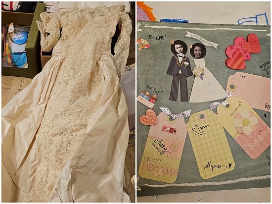 노소영 아트센터 나비 관장이 인스타그램에 올린 웨딩드레스(왼쪽), 최태원 SK 회장과 노 관장의 얼굴 사진이 붙은 도화지(오른쪽). (사진='노소영 아트센터 나비 관장' 인스타그램 캡처/뉴시스)