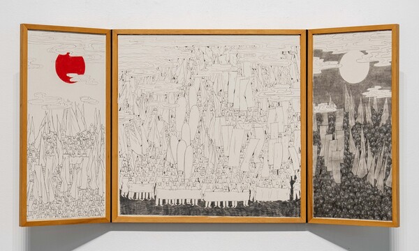 김소정, , 한지에 혼합재료, 목재이콘, 75×146.5cm, 2023, 대전시립미술관